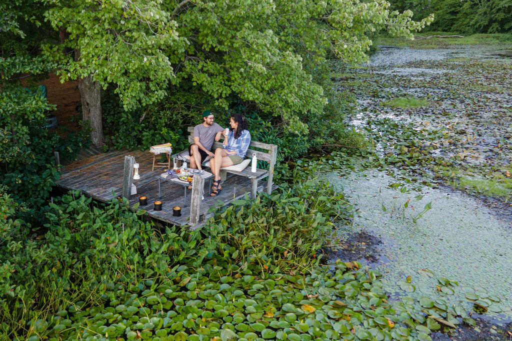 A couple look at each other while enjoying a picnic on a dock surrounded by a pond full of lily pads.