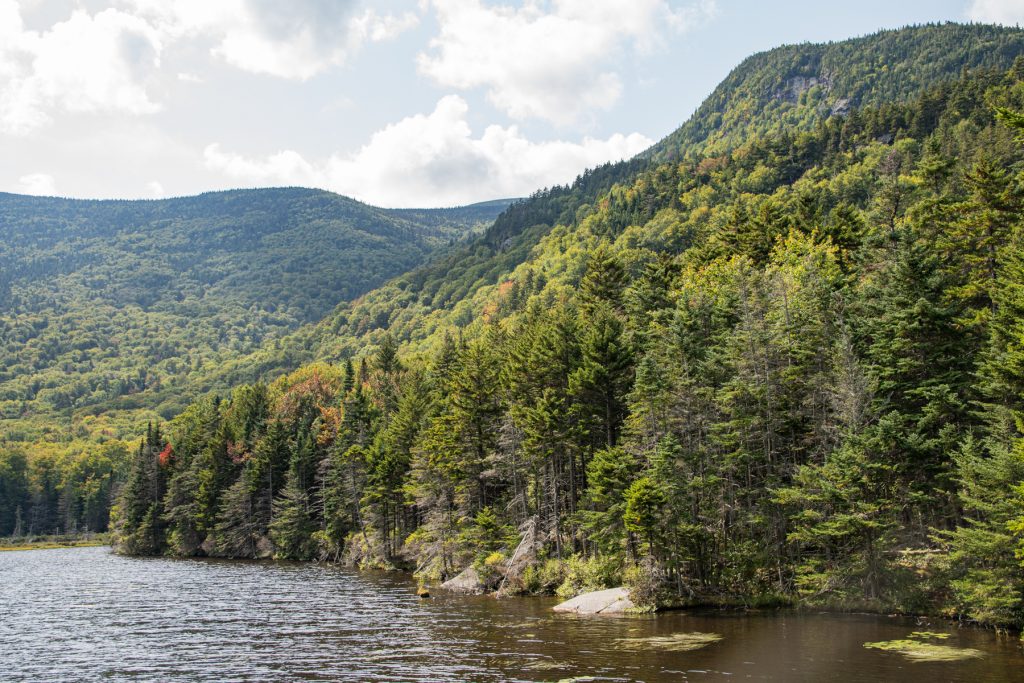 Mountains and a pond in White Mountain National Forest in New Hampshire.