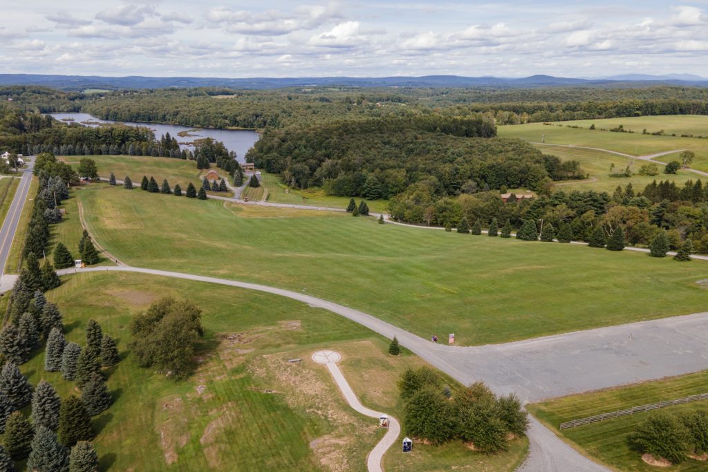 An aerial view of the field and site of the original Woodstock located in Bethel, New York.