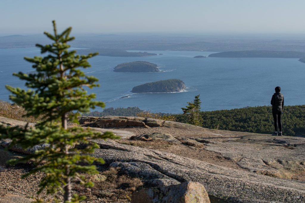 A woman looks out to the water during the sunrise at Acadia National Park in Maine.