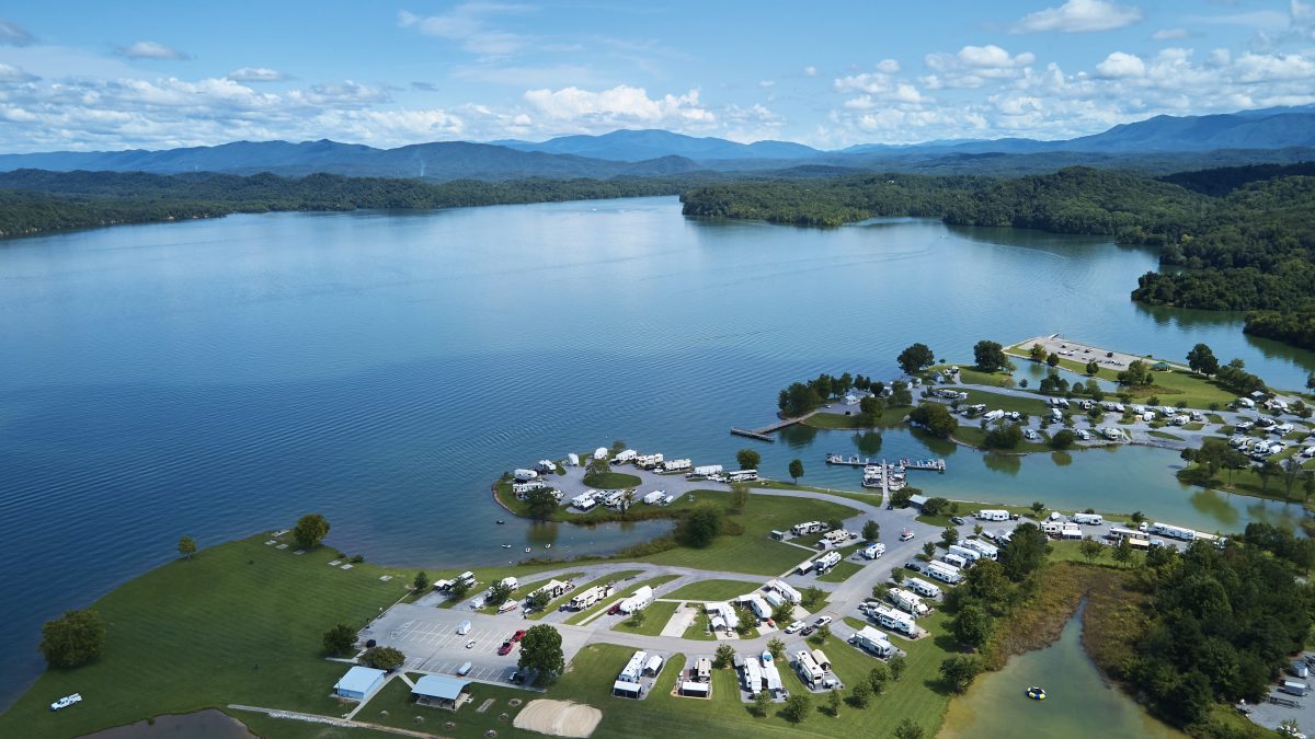 Aerial view of Toqua RV Campground with rolling hills of the Great Smoky Mountains