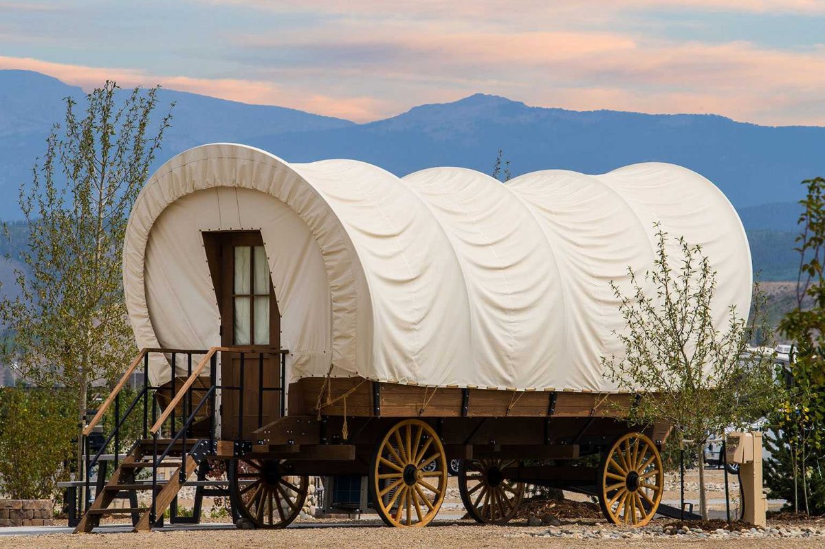 Conestoga Wagon with mountain backdrop