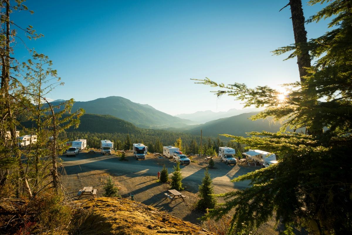 RV campsites overlooking Whistler Mountain in Whistler, BC.