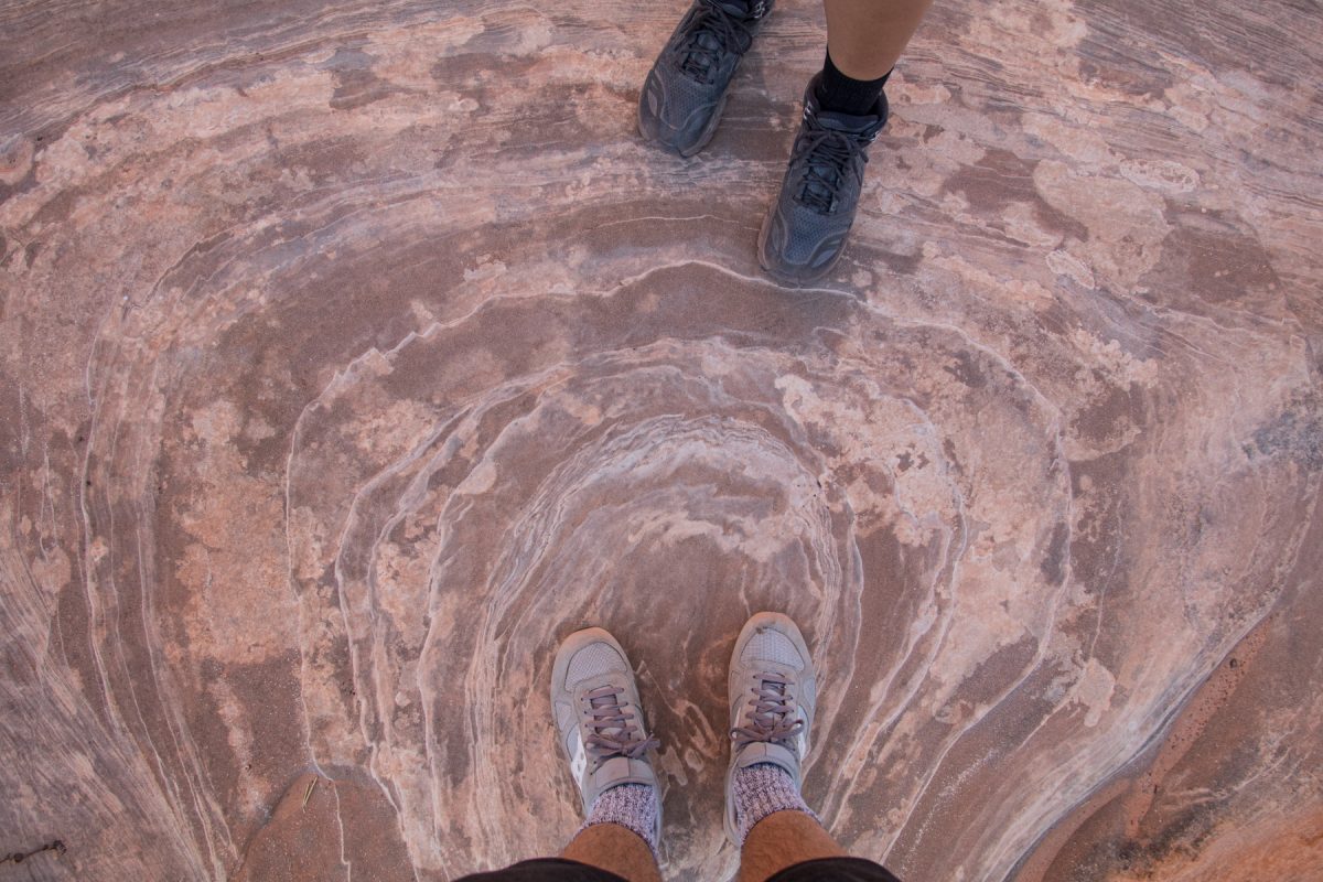 A top-down image of the swirling pattern of the sandstone that exists within Arches National Park in Moab, Utah.