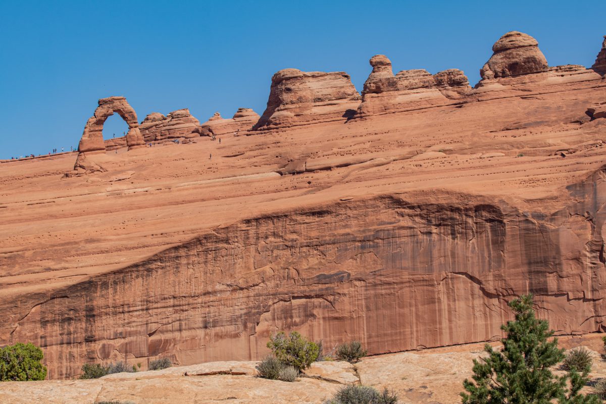 Delicate Arch as can be seen from its upper viewpoint in Arches National Park in Moab, Utah.