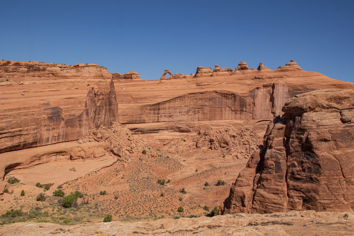 Delicate Arch as can be seen from the its viewpoint across the canyon in Arches National Park in Moab, Utah.