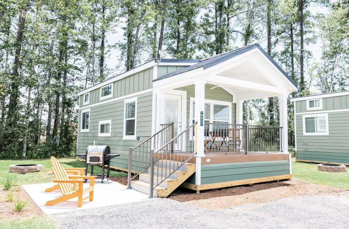 Glamping Cabin with trees in the background at Carolina Pines.