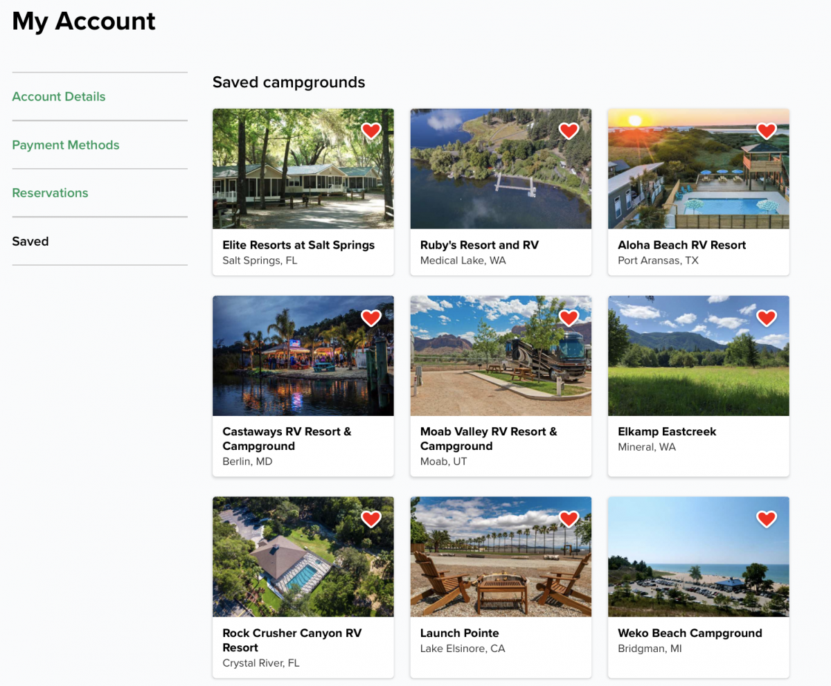 Saved camping destinations on a Campspot.com account.