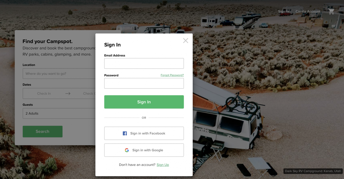 Log in Screen on Campspot.com
