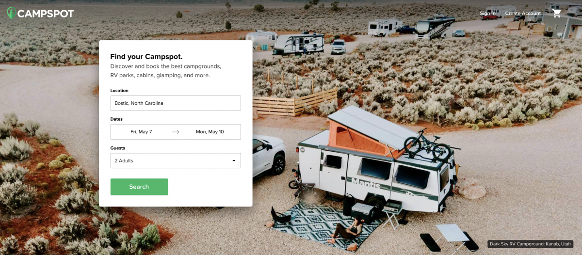 Search screen on Campspot.com