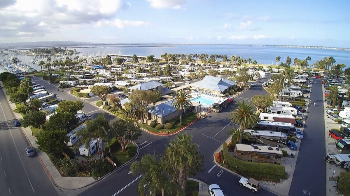 Ariel view of Chula Vista campground with RV sites and the ocean in the background.