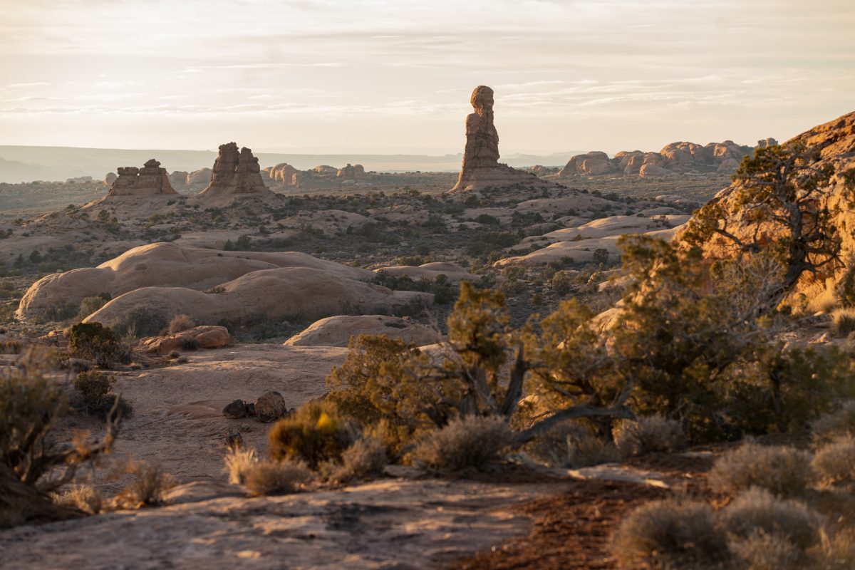 The petrified sand dunes can be seen from the Windows area in Arches National Park in Moab, Utah.