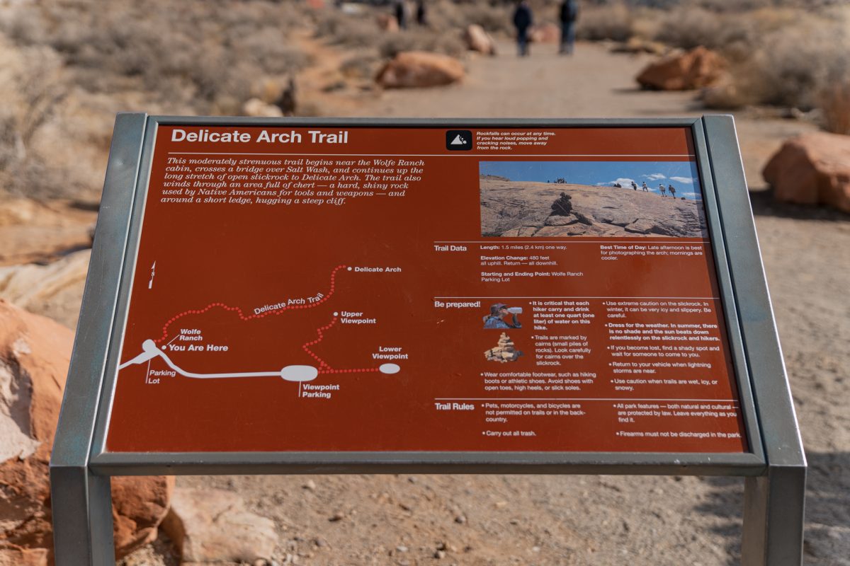 The Delicate Arch Trail overview at its trailhead in Arches National Park in Moab, Utah.