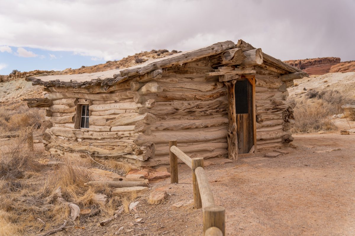 The Wolfe Ranch cabin build in the early 1900s sits at the beginning of the Delicate Arch Trail in Arches National Park in Moab, Utah. 