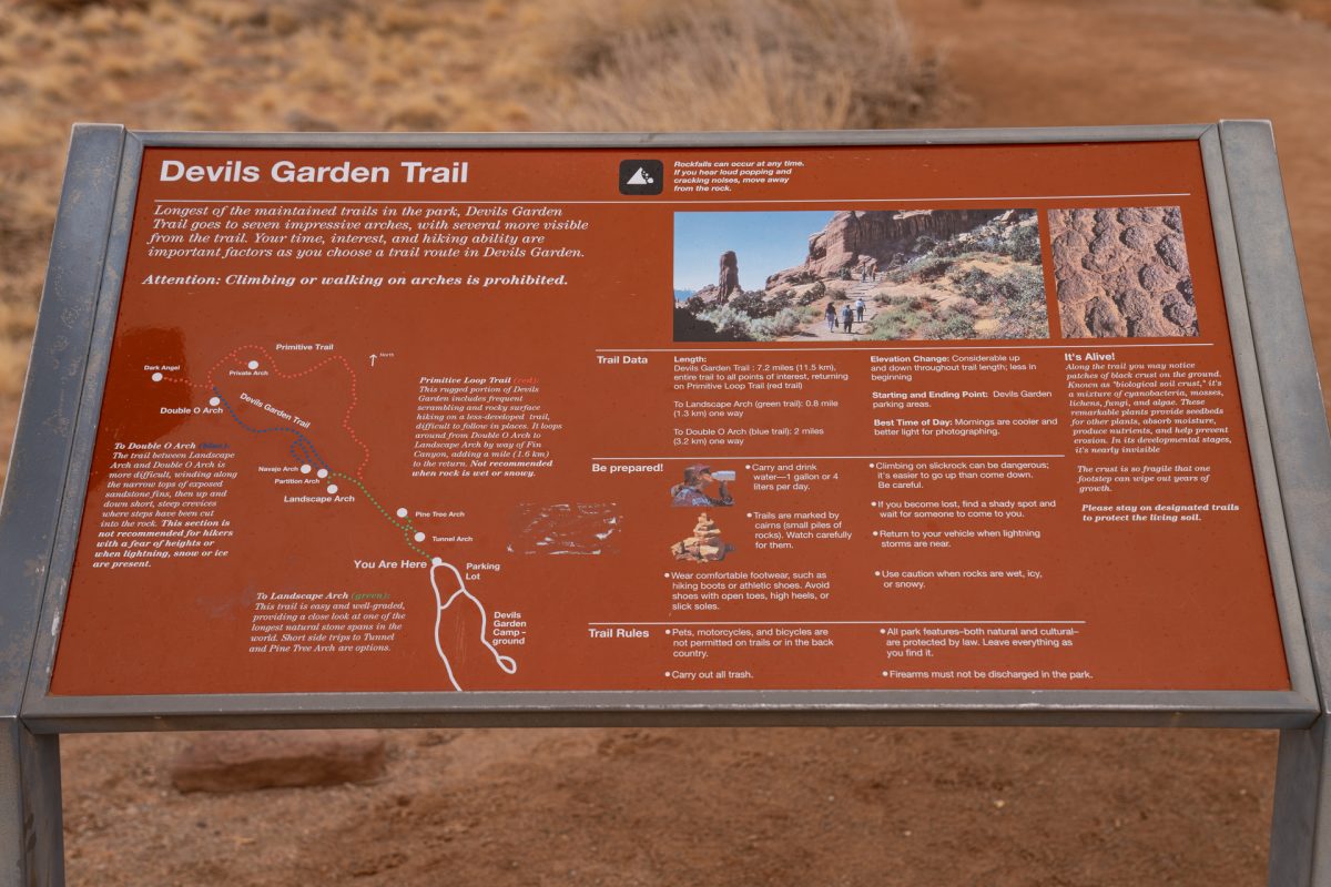 The Devils Garden overview located at its trail head in Arches National Park in Moab, Utah.