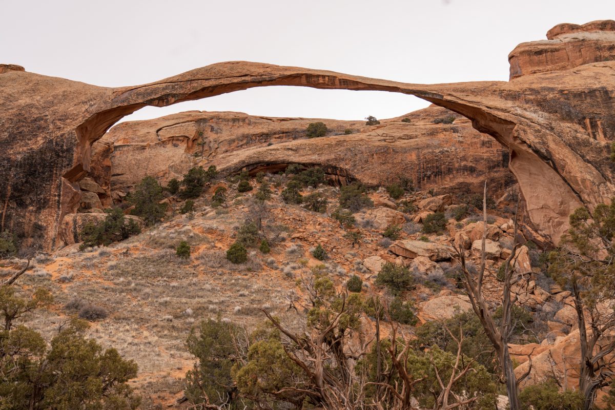 The grand view of Landscape Arch from Devils Garden Trail in Arches National Park in Moab, Utah.