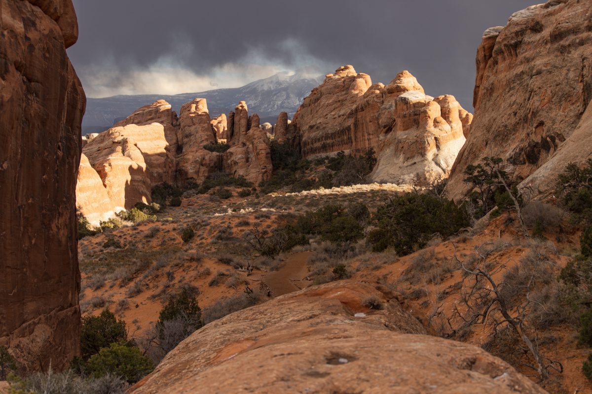 Spires in the distance along the Devils Garden Trail in Arches National Park in Moab, Utah.