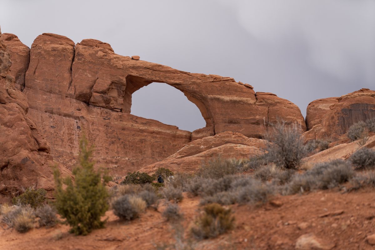 The Skyline Arch can be seen from the road near the Devils Garden area in Arches National Park in Moab, Utah.