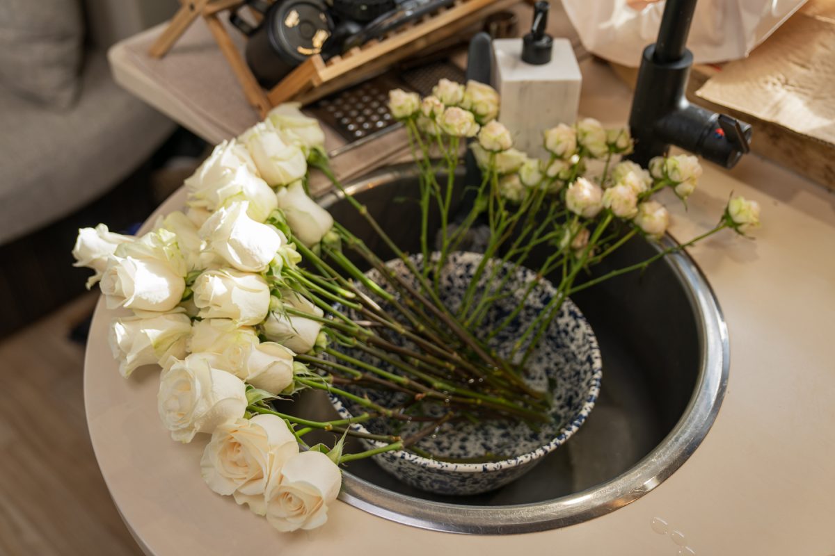 A dozen roses sit inside of an RV sink with its stems resting in a bowl full of water.