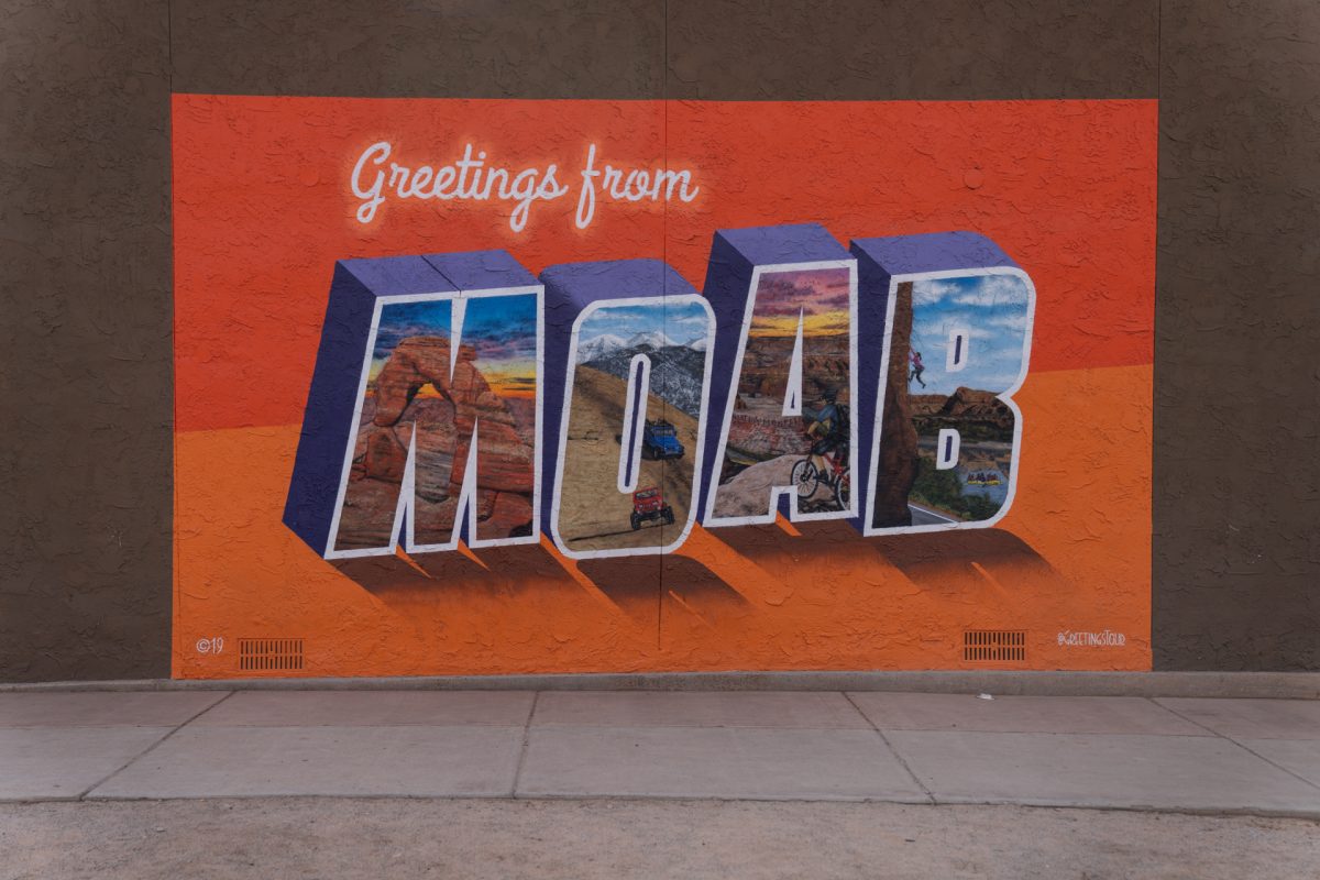 The greetings from Moab mural located in downtown Moab, Utah.