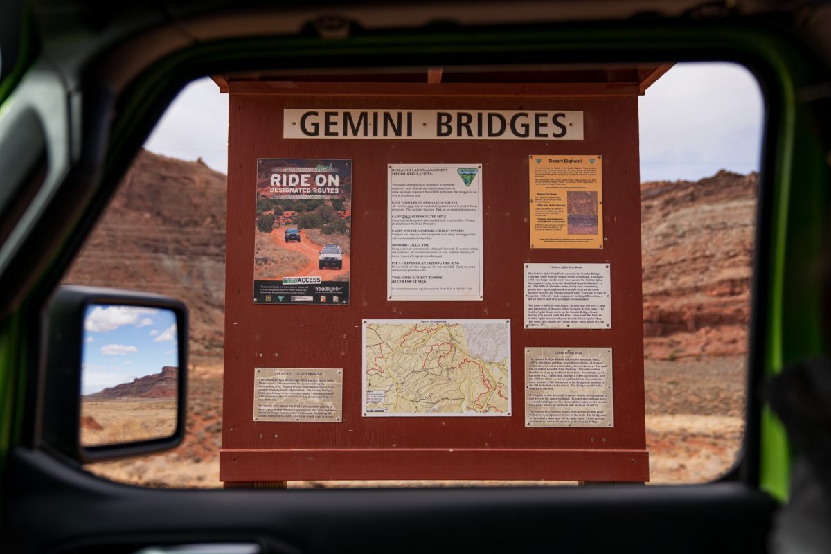 The Gemini Bridges OHV trail sign in Moab, Utah.