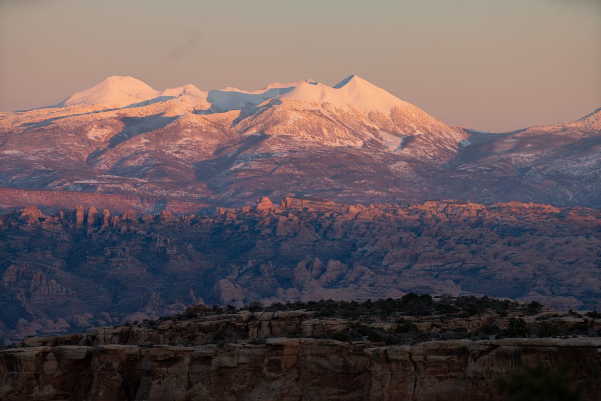 The La Sal Mountains near Moab, Utah, during sunset.