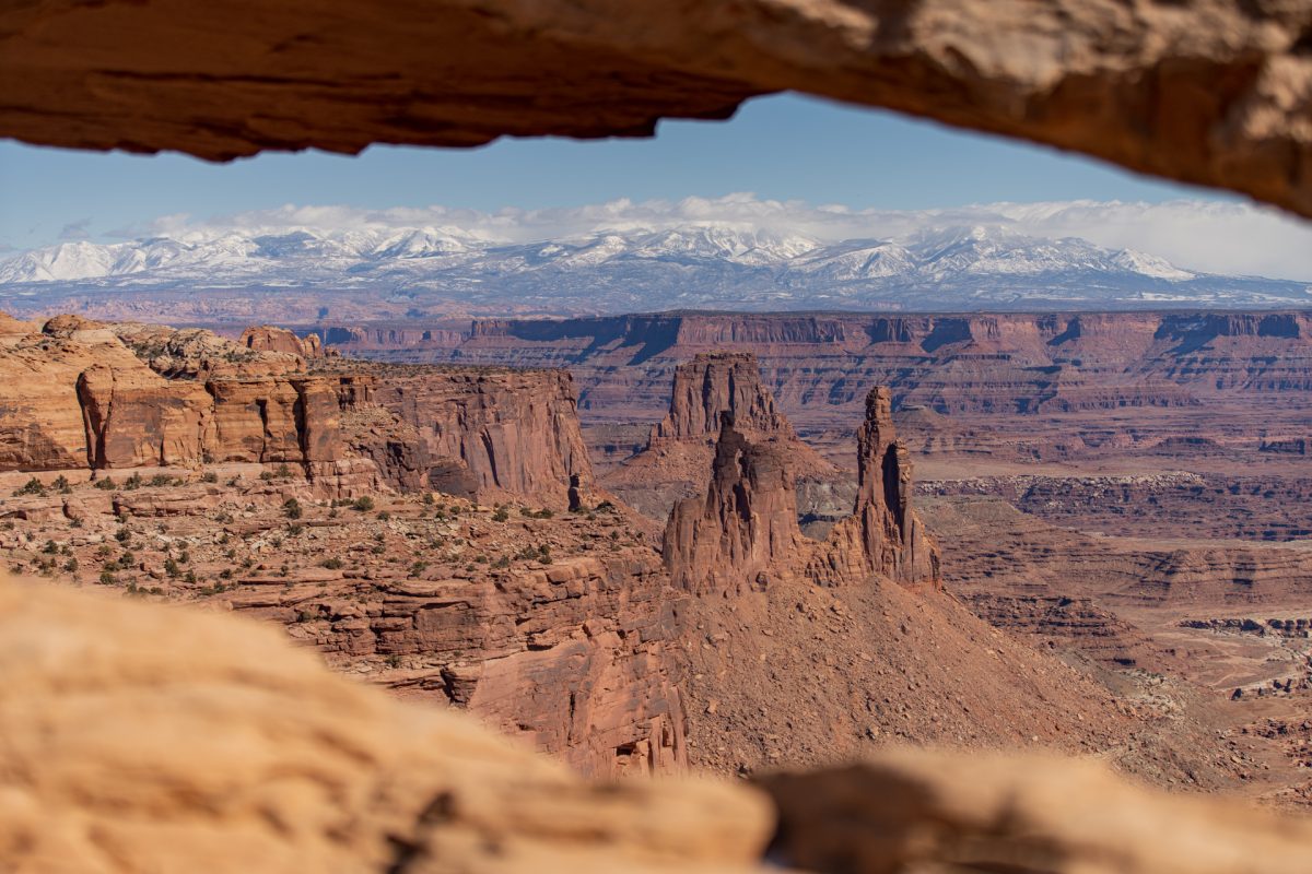 The view through Mesa Arch at Canyonlands National Park near Moab, Utah.