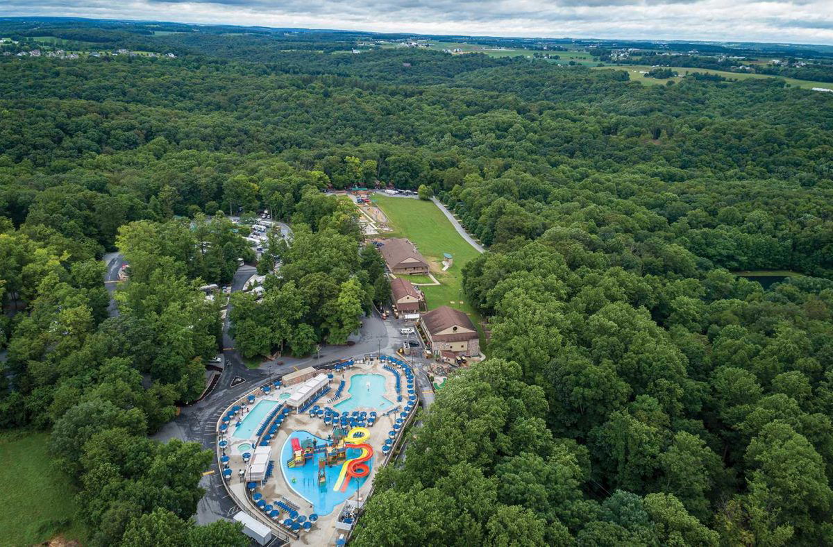 Ariel shot of Quarryville Campground with pool and waterpark 