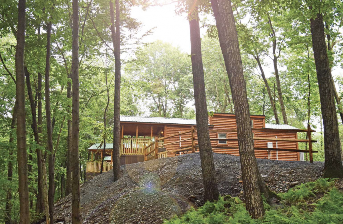 Log cabin in the woods surrounded by trees at Quarryville