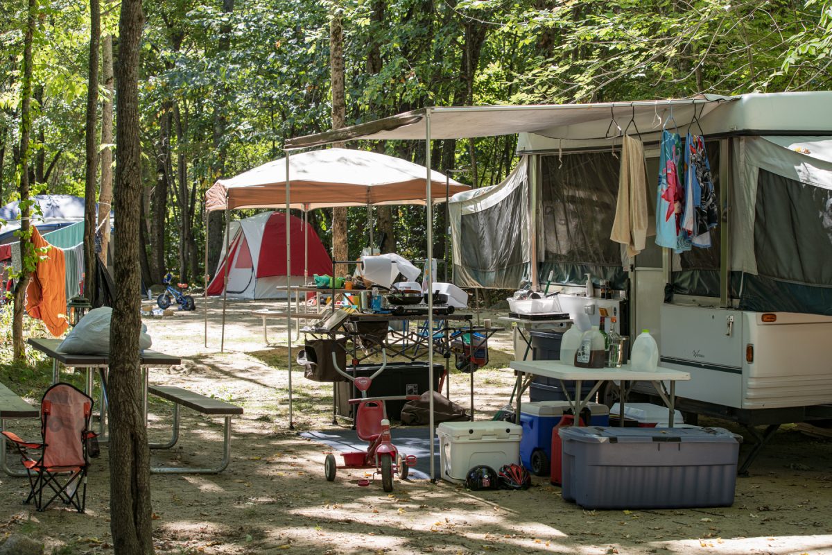 A pop up camper set up at the Yogi Bear Camp Resort: Glen Ellis in Glen Ellis, New Hampshire. 