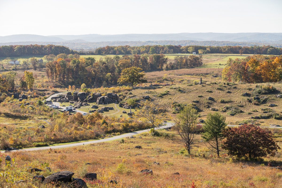 An outlook of a battlefield at Gettysburg National Military Park in Pennsylvania.  