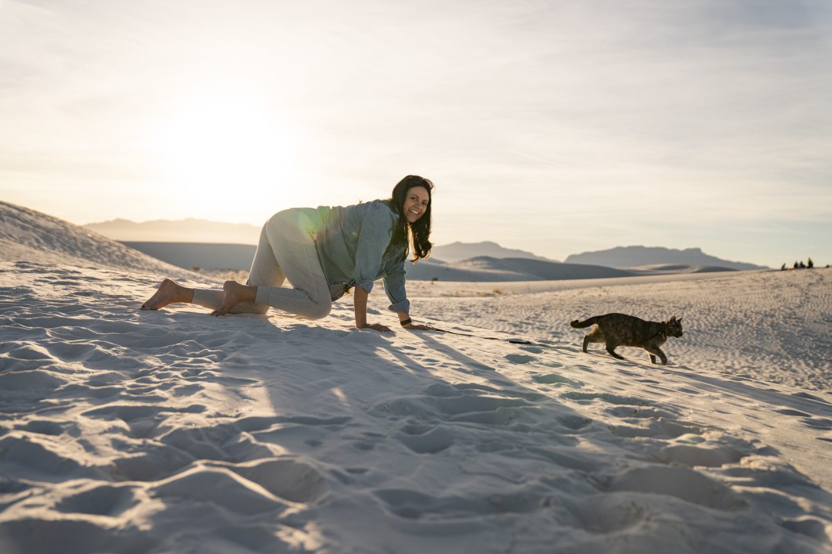 A woman climbs after a cat at White Sands National Park in New Mexico.