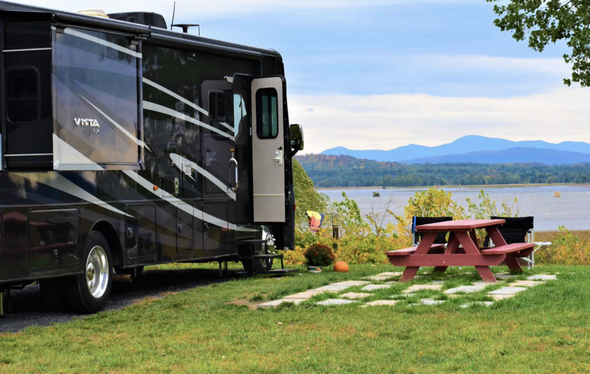 RV parked on the river at Apple Island Resort.