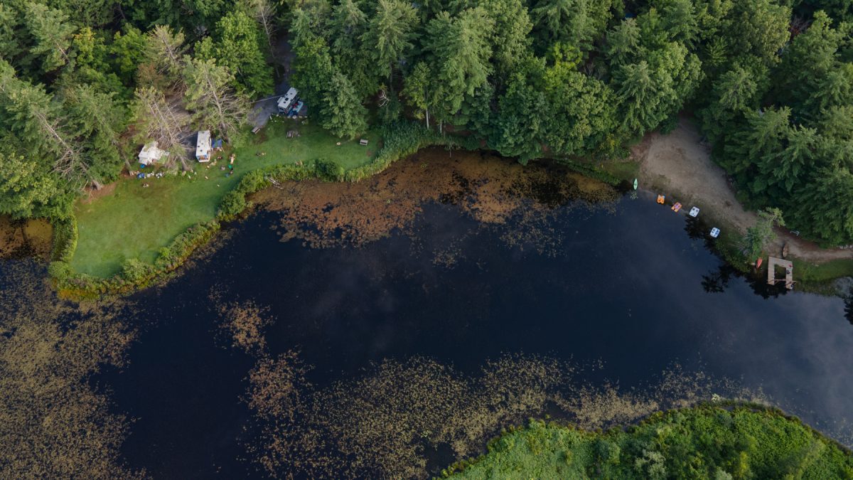 An aerial view of a pond at the Saratoga Escape Campground in upstate New York.