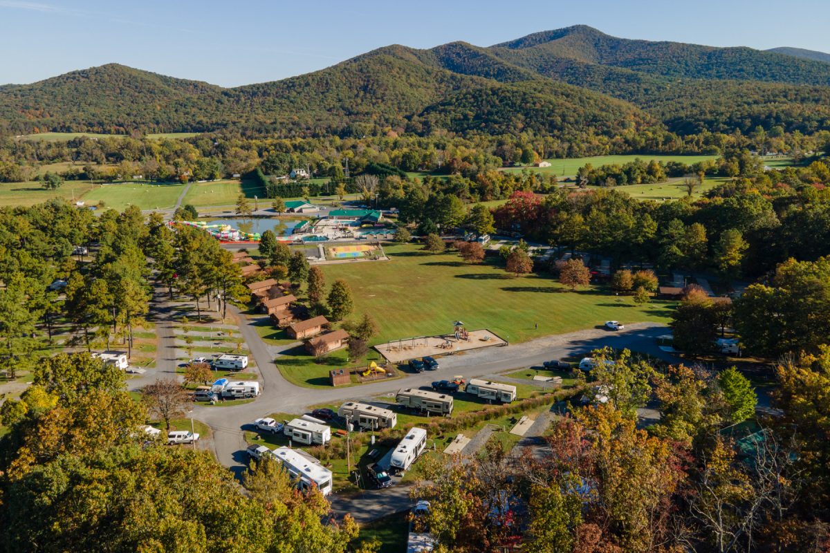 An aerial view of Yogi Bear's Jellystone Park Camp-Resort: Luray in Luray, VA in the fall.