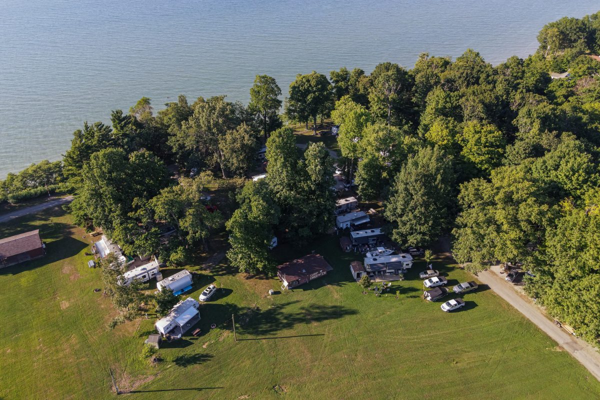 An aerial view of YMCA Camp Sherwin on Lake Erie in Lake City, PA.