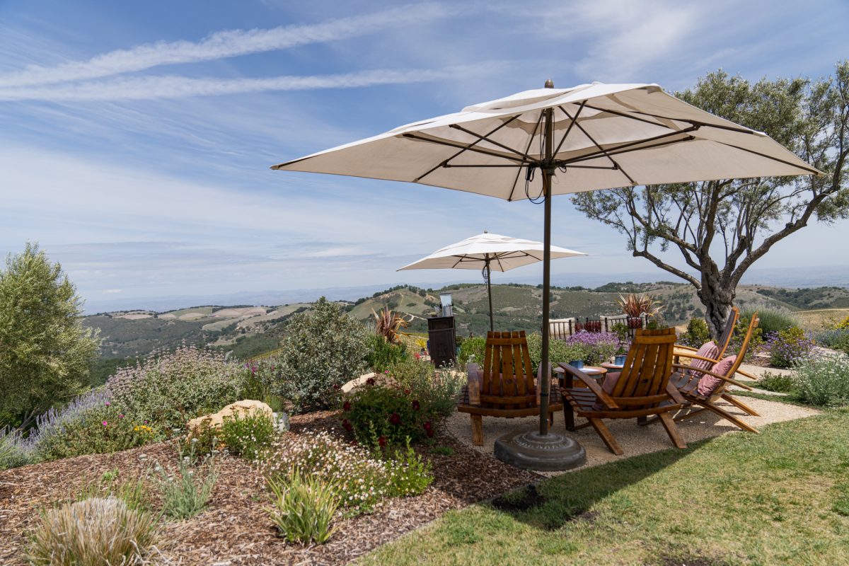 Chairs at Dauo Vineyards in Paso Robles, California, look out to rolling hills.