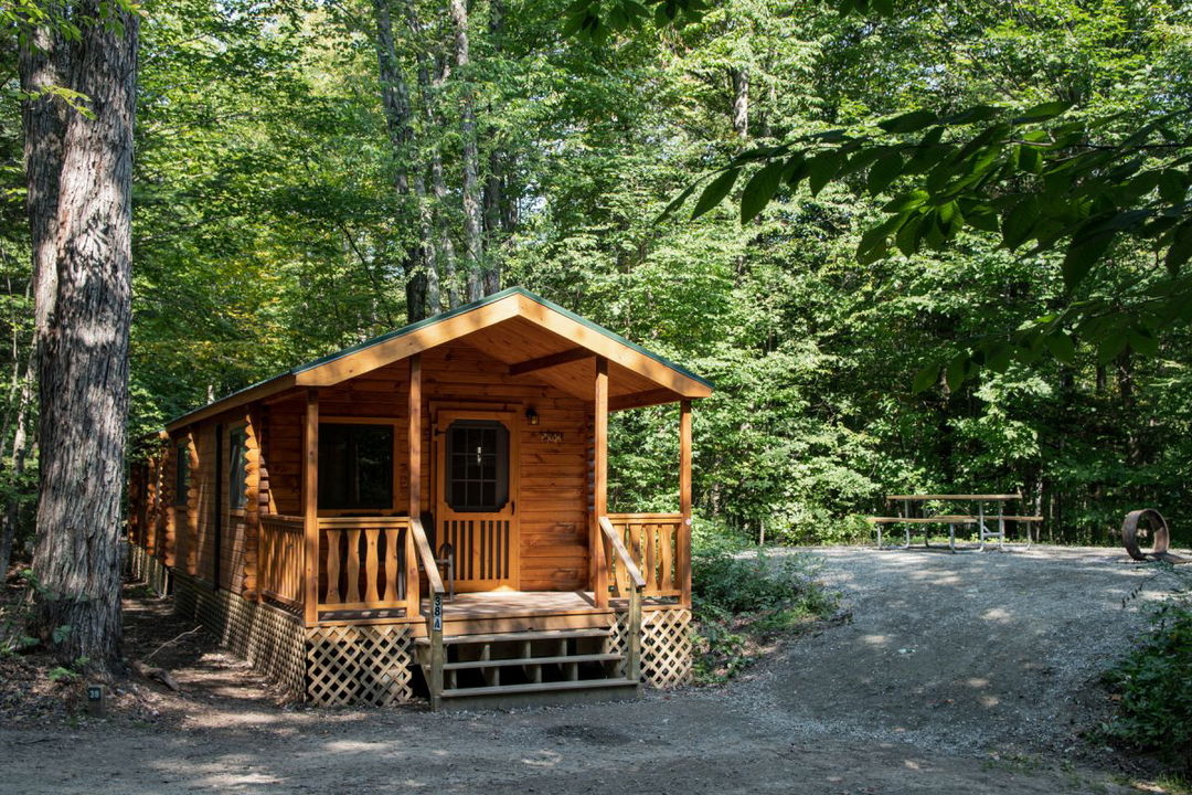 Cabin camping in the woods at Lost River in New Hampshire. 