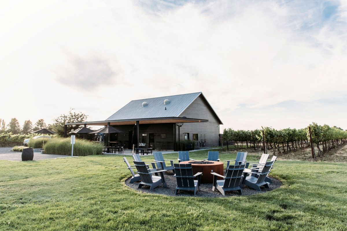 The fire pit circle and tasting room of KINHAVEN Winery in Walla Walla Washington. 