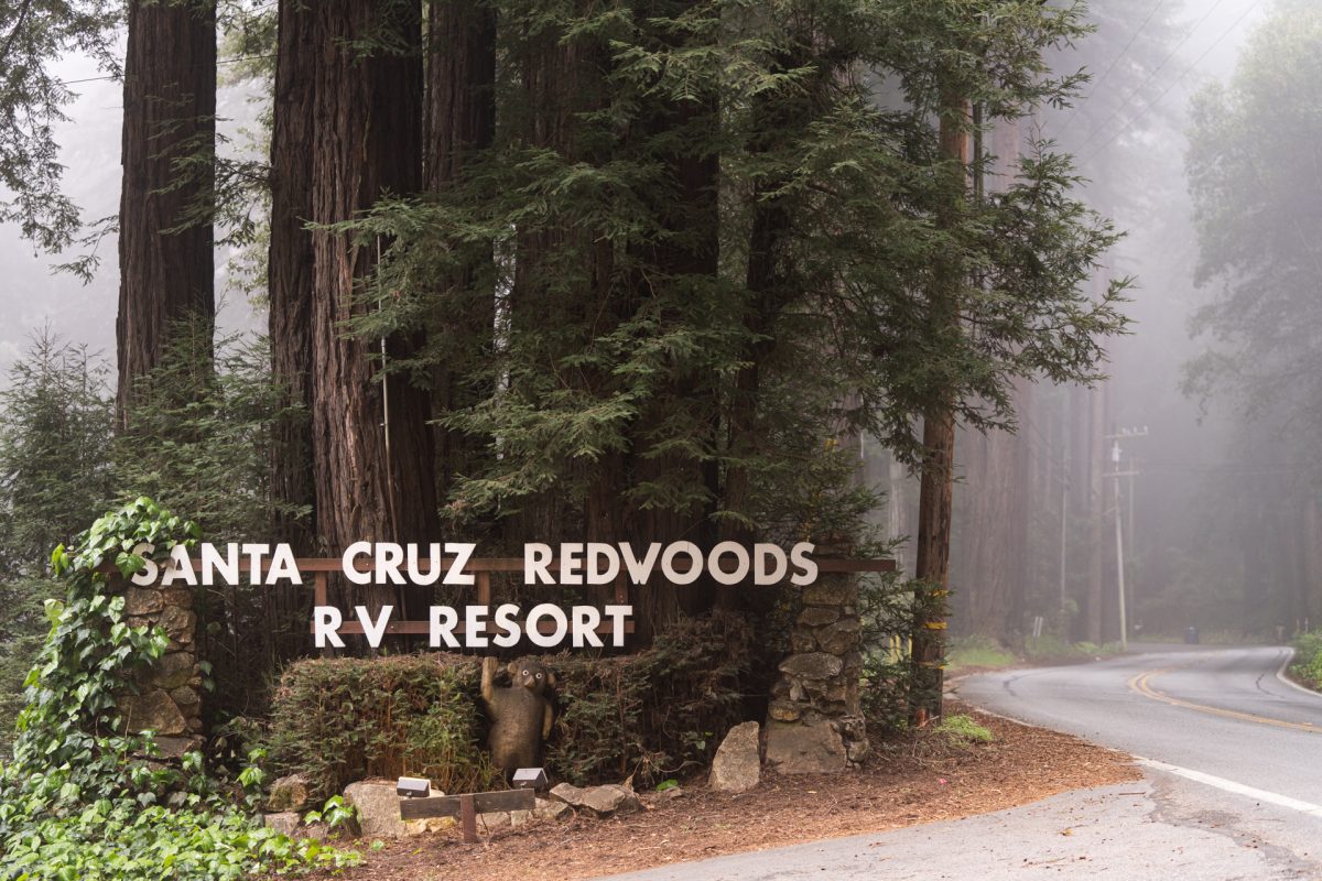 Santa Cruz Redwoods RV Resort sign welcoming campers to their campground.