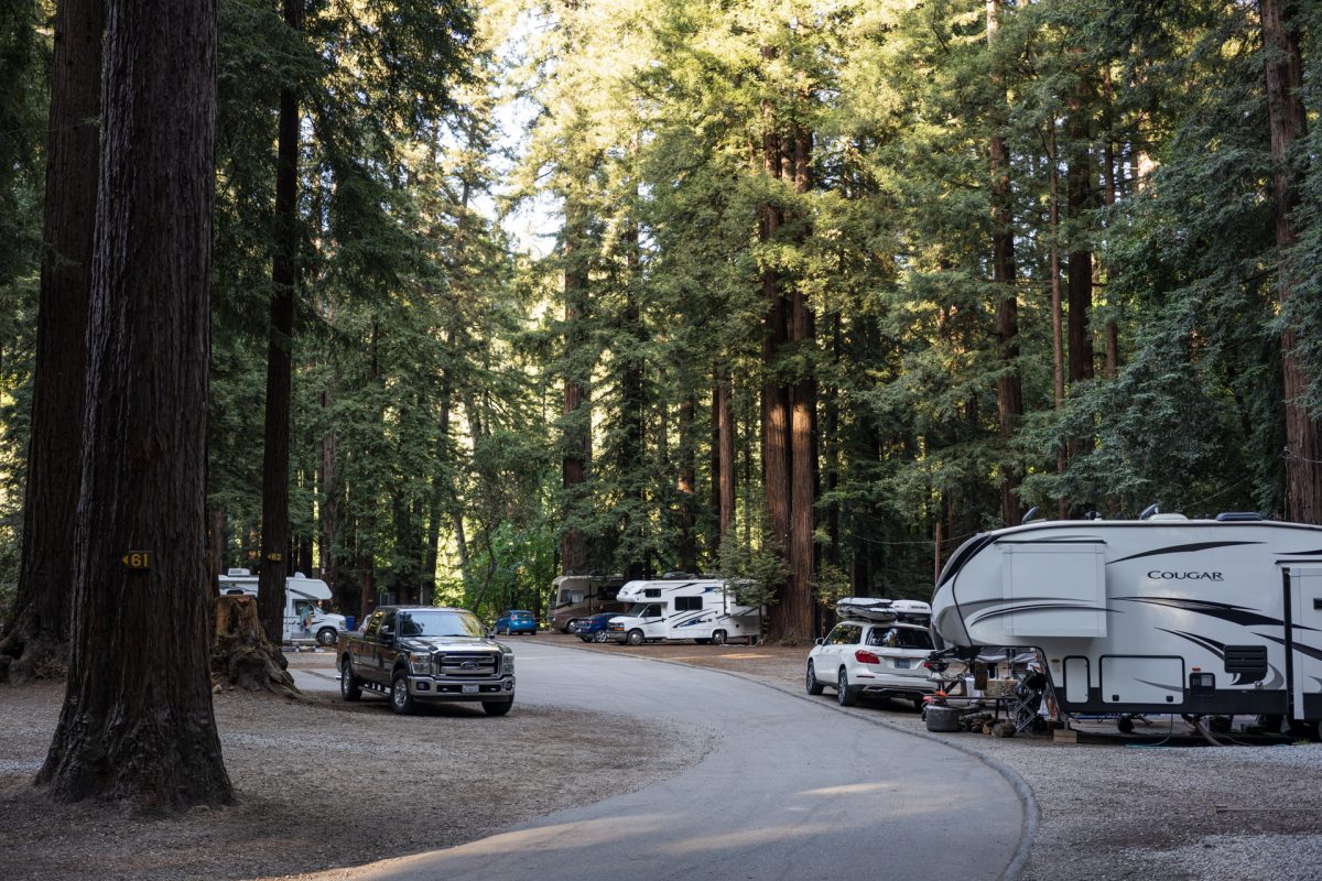 RVs parked at RV campsites at the Santa Cruz Redwoods RV Resort in Felton, California.