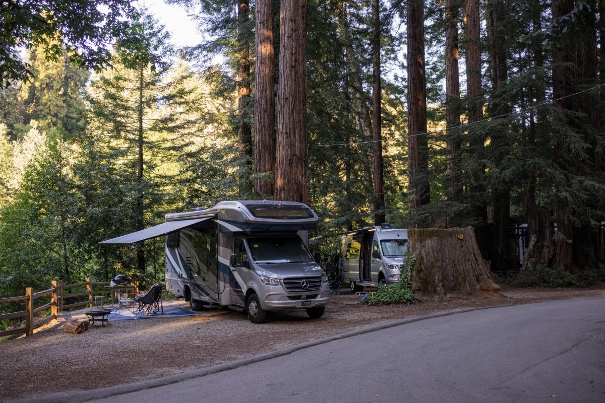 RVs parked at RV sites at the Santa Cruz Redwoods RV Resort in Felton, California.