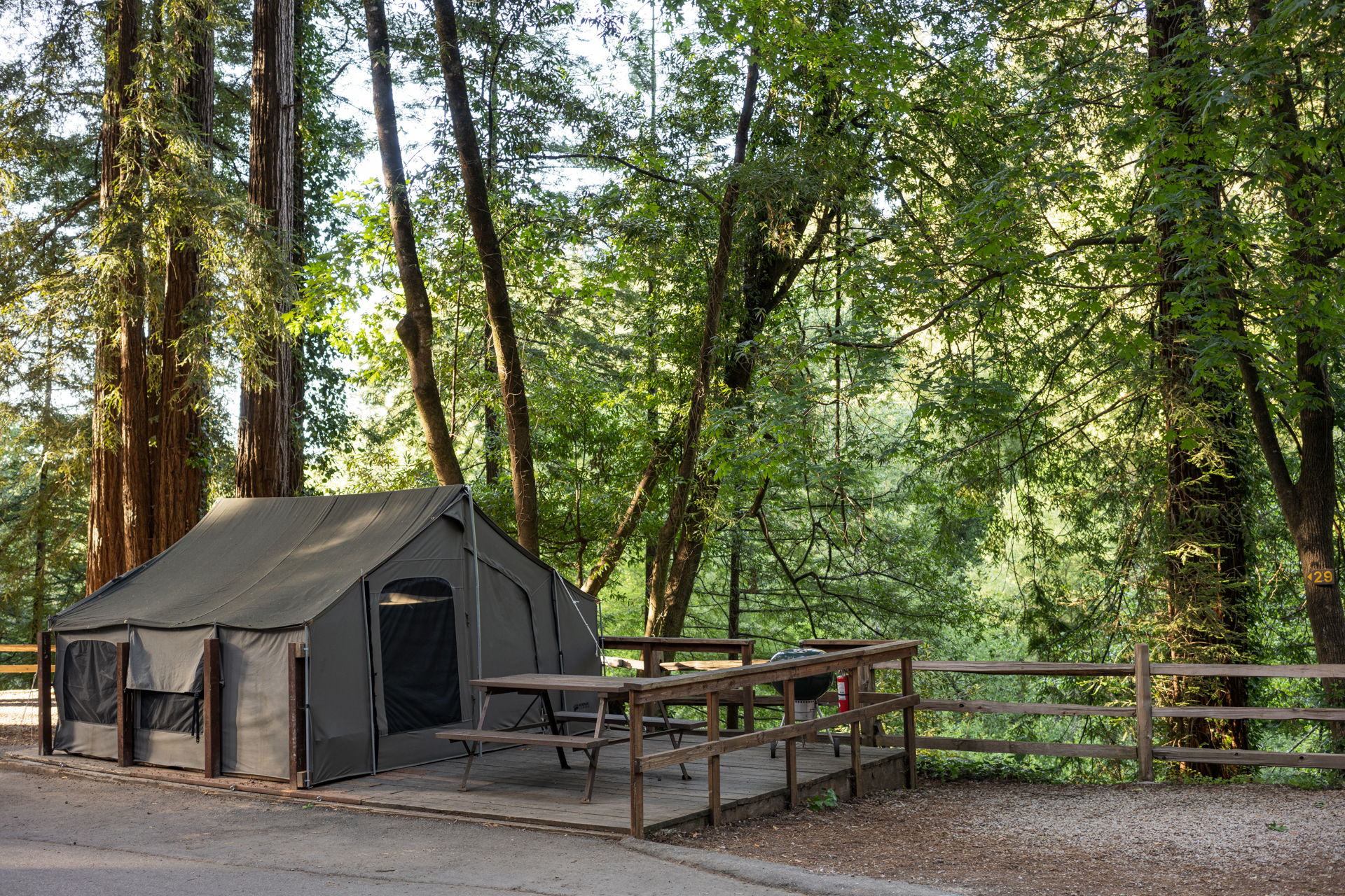 A glamping tent at the Santa Cruz Redwoods RV Resort in Felton, California.