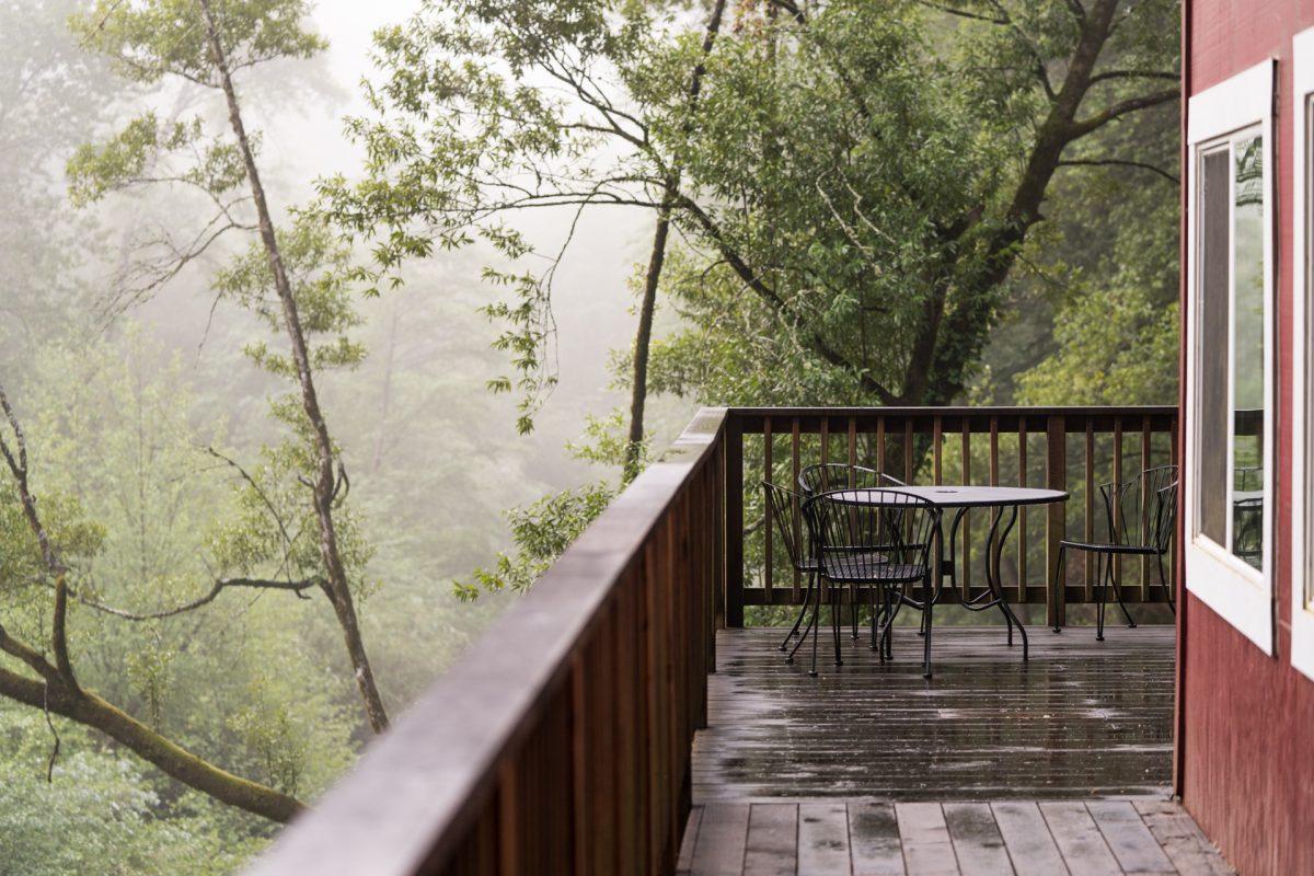 The clubhouse deck at the Santa Cruz Redwoods RV Resort in Felton, California.