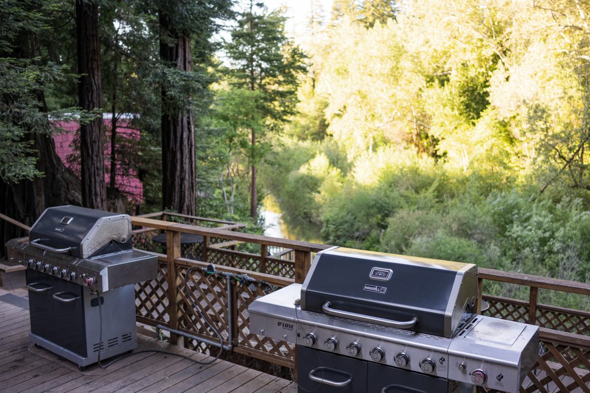 The deck and barbecue area of the clubhouse at the Santa Cruz Redwoods RV Resort in Felton, CA.