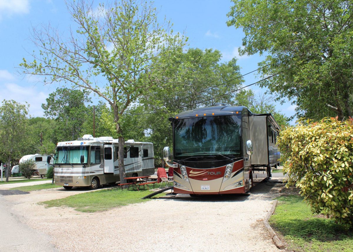 RVs parked at their sites at Austin Lone Star RV Resort in Austin, Texas.