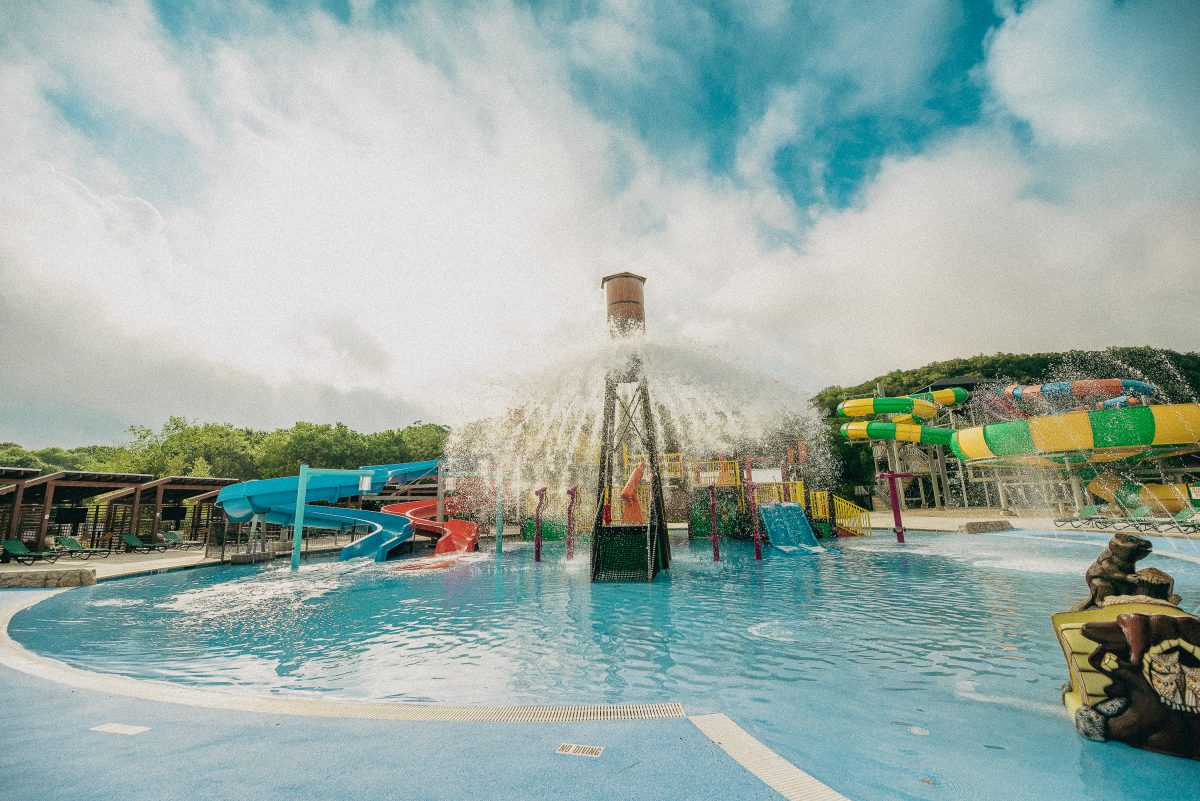 The waterpark play area at Camp Fimfo in New Braunfels, Texas.