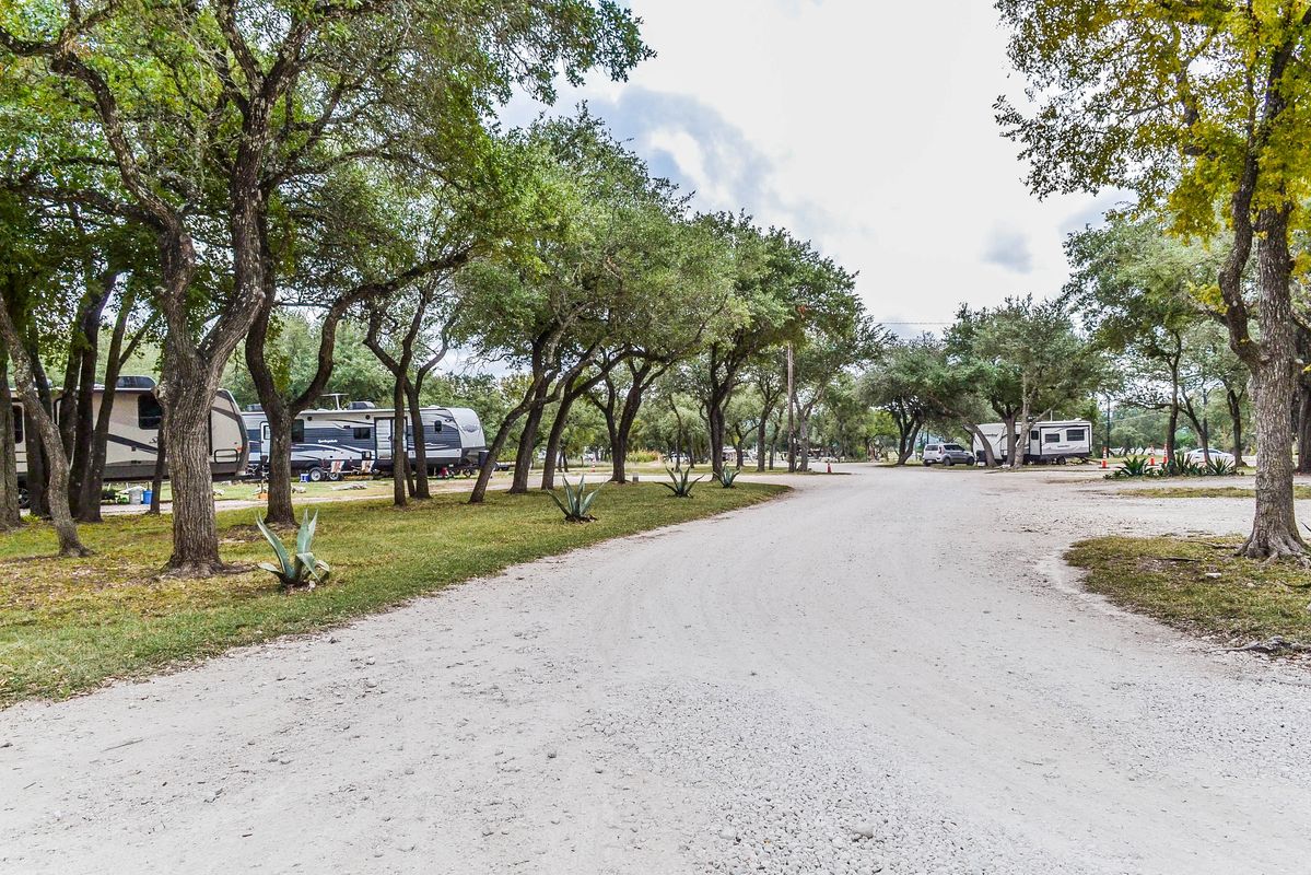 A tree-lined road with RVs parked in campsites at the Big Oaks RV Park in Cedar Park, Texas.