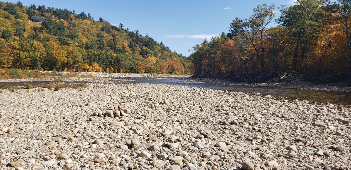 The fall leaves along the Glen river at Yogi Bear's Jellystone Park Camp-Resort: Glen Ellis in Glen, New Hampshire.