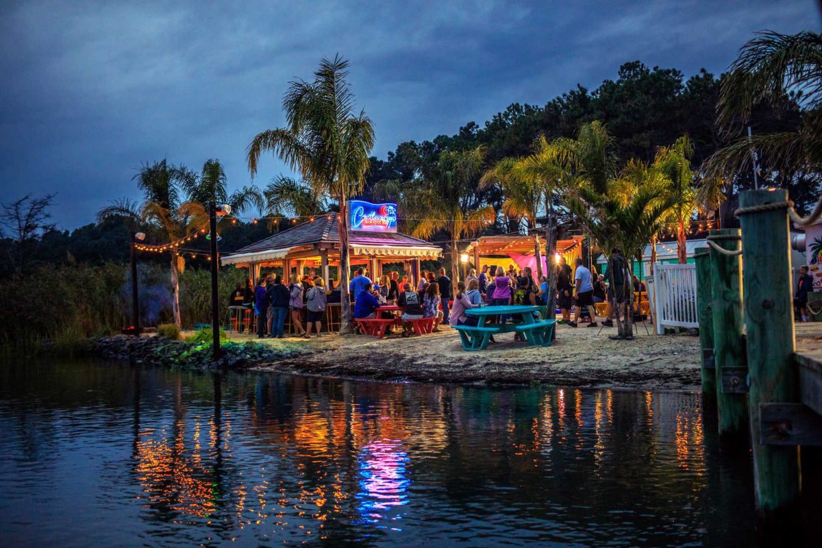 String lights hang above the bar at Castaways RV Resort & Campground in Berlin, Maryland.